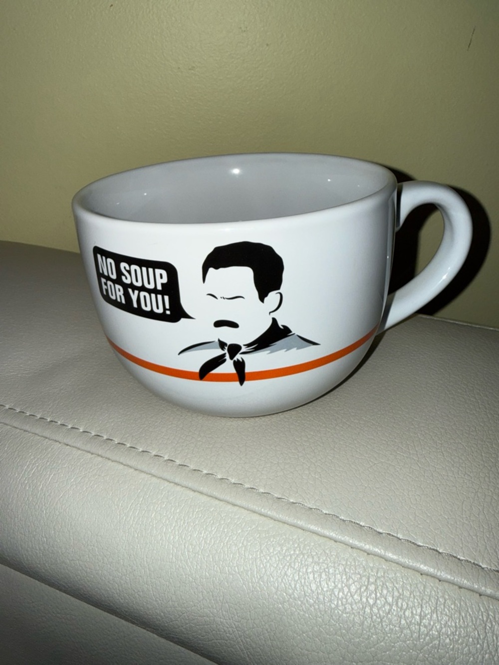 No Soup For You! White Ceramic Soup Mug with Orange Accent